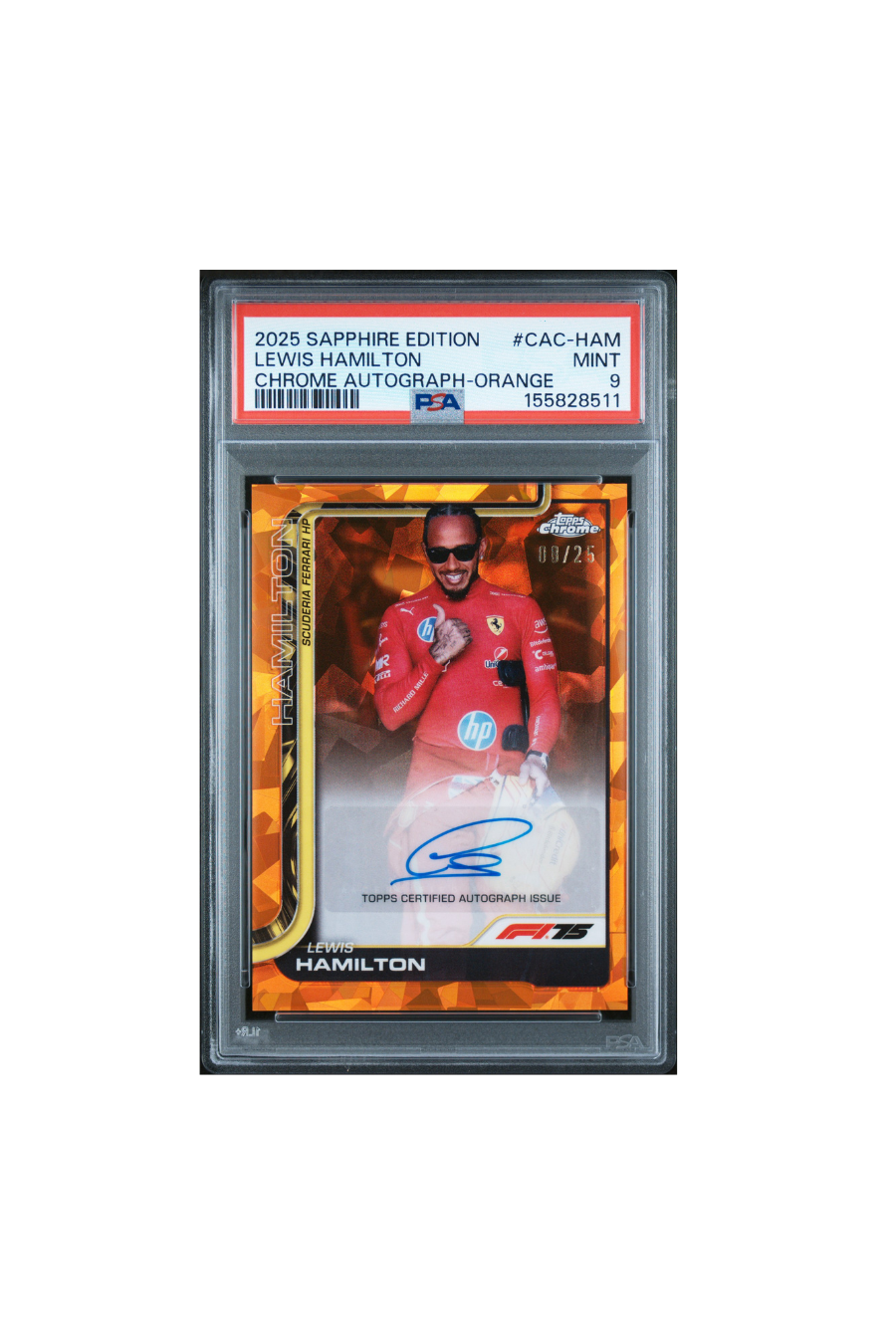 2025 Topps Chrome F1 Sapphire Lewis Hamilton Orange Sapphire Auto #8/25 PSA 9
