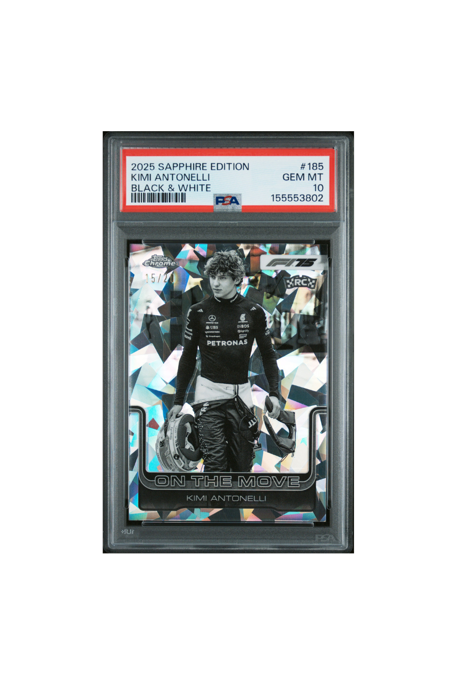 2025 Topps Chrome F1 Sapphire Kimi Antonelli Black & White On The Move #15/20 PSA 10