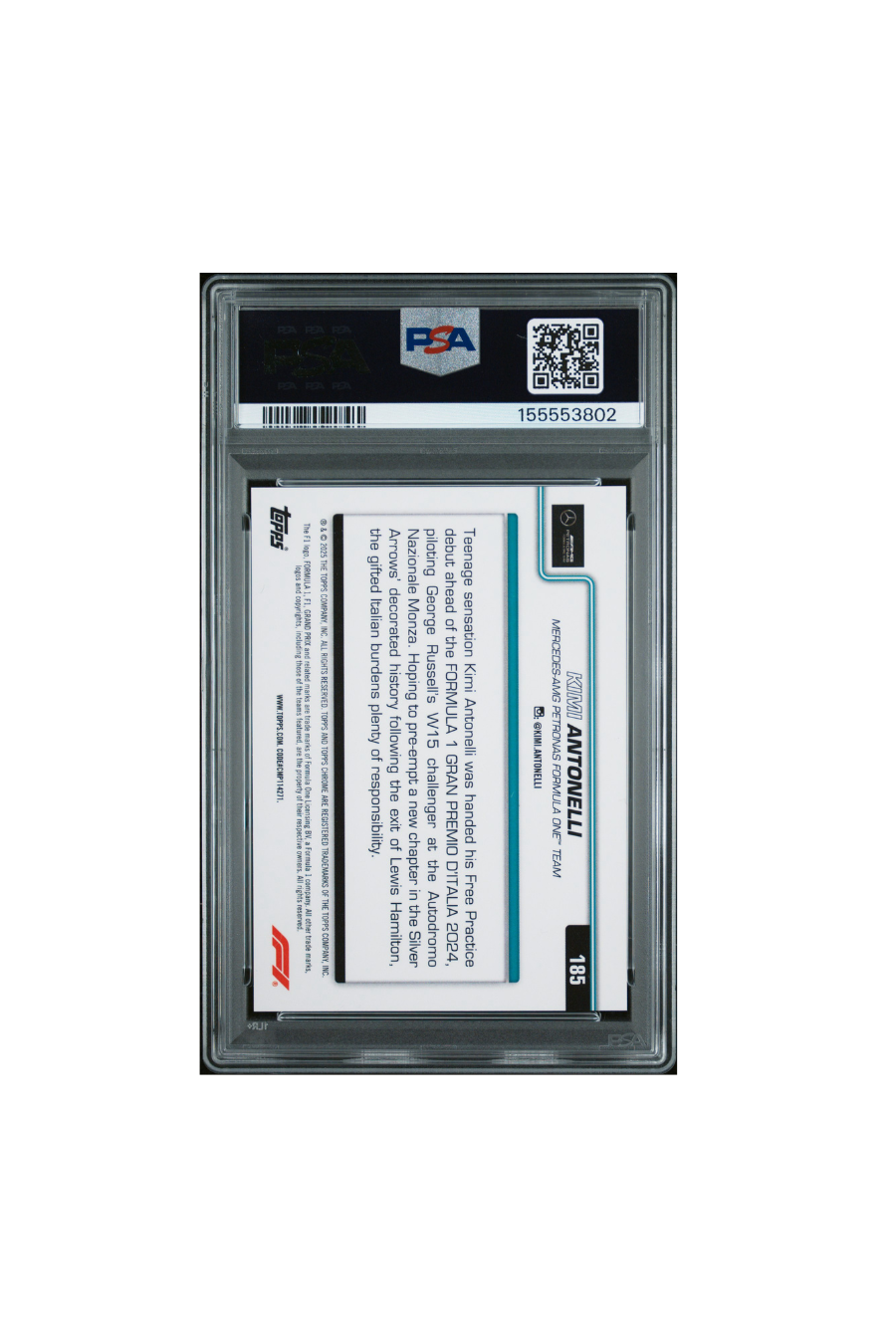2025 Topps Chrome F1 Sapphire Kimi Antonelli Black & White On The Move #15/20 PSA 10