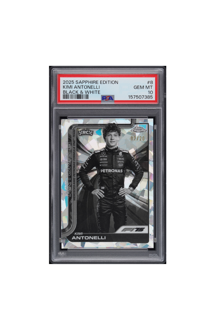 2025 Topps Chrome F1 Sapphire Kimi Antonelli Black & White #2/20 PSA 10