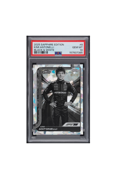 2025 Topps Chrome F1 Sapphire Kimi Antonelli Black & White #2/20 PSA 10