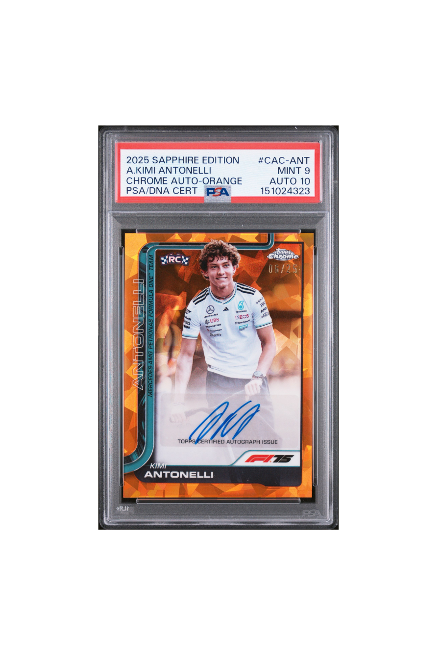 2025 Topps Chrome F1 Sapphire Kimi Antonelli Orange Auto #6/25 PSA 9 Auto 10