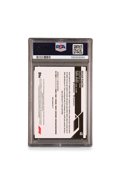 Back of 2023 Topps Chrome F1 Oscar Piastri Purple Refractor rookie card #71, graded PSA 9. Includes player bio, McLaren team affiliation, and rookie season highlights. Serial number 92/399 is printed on the back.
