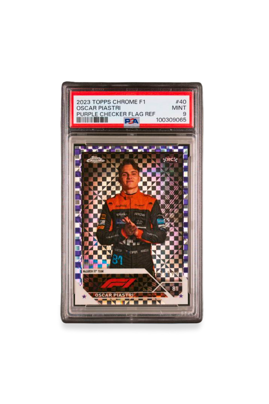 Front of 2023 Topps Chrome F1 Oscar Piastri Purple Checker Flag Refractor card #40 graded PSA 9