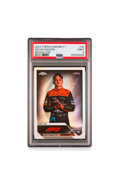 Front of 2023 Topps Chrome F1 Oscar Piastri Refractor card #40 graded PSA 9
