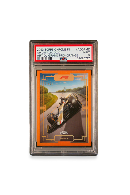 Front of 2023 Topps Chrome F1 Art du Grand Prix GP d’Italia Orange card #ADGPMZ graded PSA 9, serial numbered 07/25