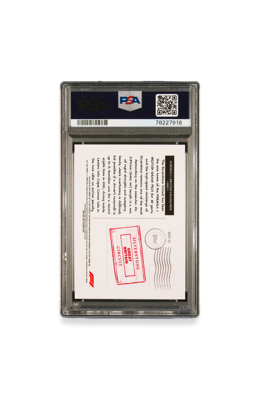 Back of 2022 Topps Chrome F1 Art du Grand Prix British GP 2021 Silverstone card graded PSA 9