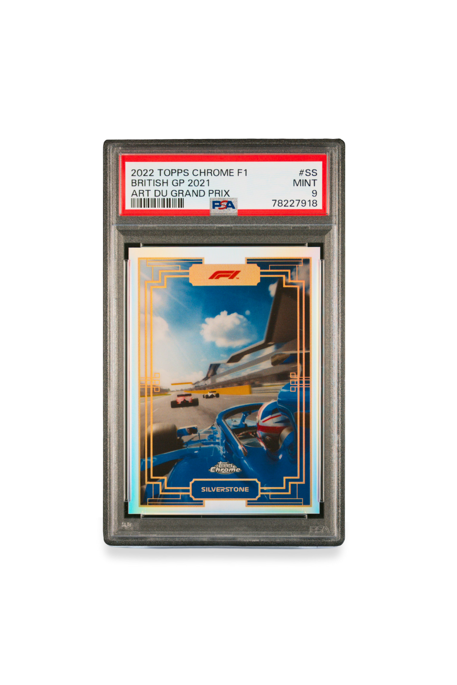 Front of 2022 Topps Chrome F1 Art du Grand Prix British GP 2021 Silverstone card graded PSA 9