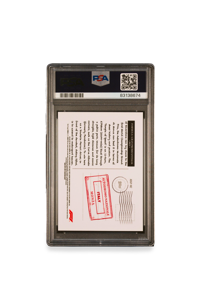 Back of 2022 Topps Chrome F1 Art du Grand Prix Monza card #MZ graded PSA 10, featuring Monza circuit info
