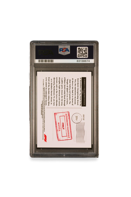 Back of 2022 Topps Chrome F1 Art du Grand Prix Monza card #MZ graded PSA 10, featuring Monza circuit info
