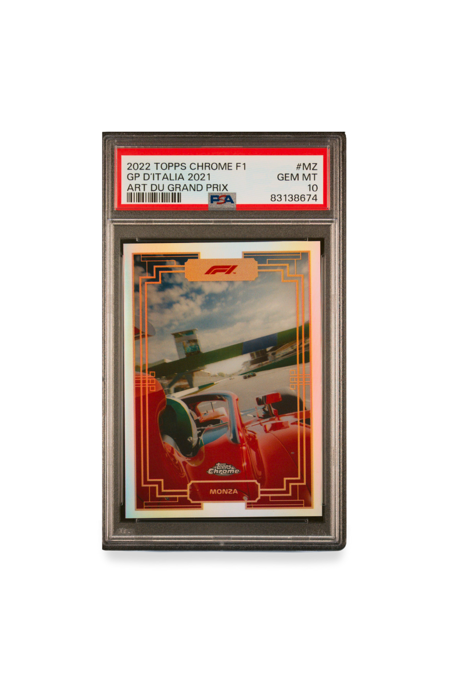 Front of 2022 Topps Chrome F1 Art du Grand Prix Monza card #MZ graded PSA 10