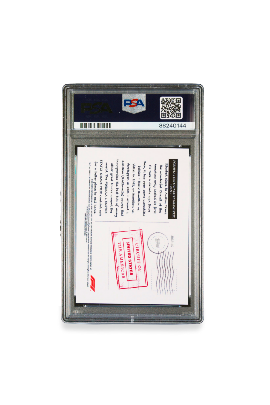 Back of 2022 Topps Chrome F1 Art Du Grand Prix United States Grand Prix card #US graded PSA 10, featuring race details and Circuit of the Americas stamp