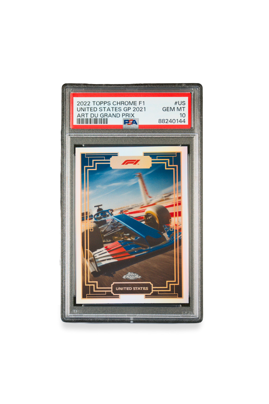 Front of 2022 Topps Chrome F1 Art Du Grand Prix United States Grand Prix card #US graded PSA 10