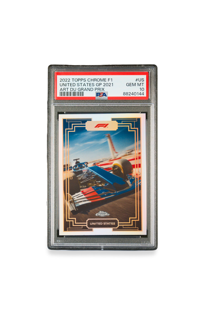 Front of 2022 Topps Chrome F1 Art Du Grand Prix United States Grand Prix card #US graded PSA 10