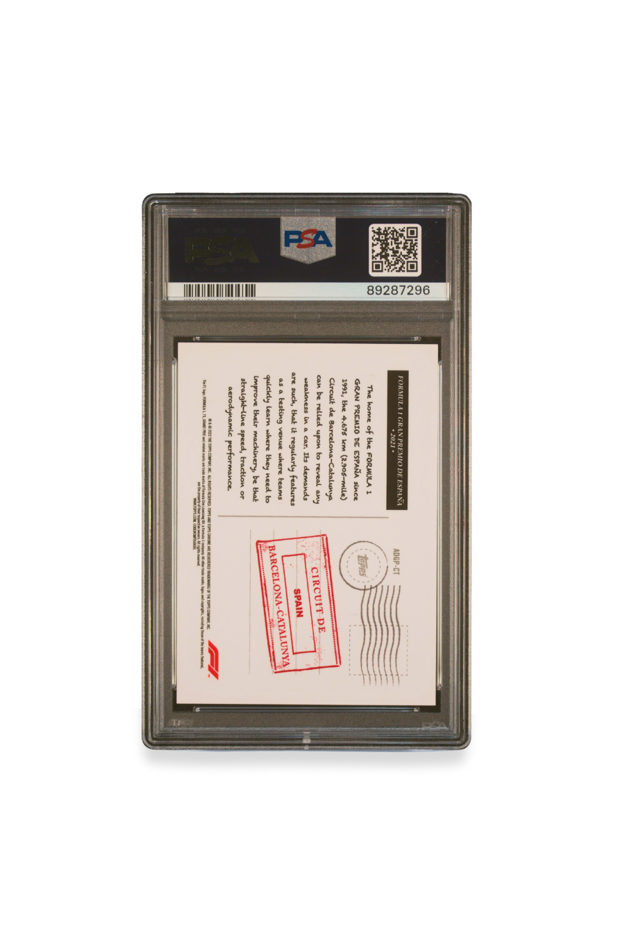 Back of 2022 Topps Chrome F1 Art du Grand Prix card for GP de España 2021 at Circuit de Barcelona-Catalunya, graded PSA 9