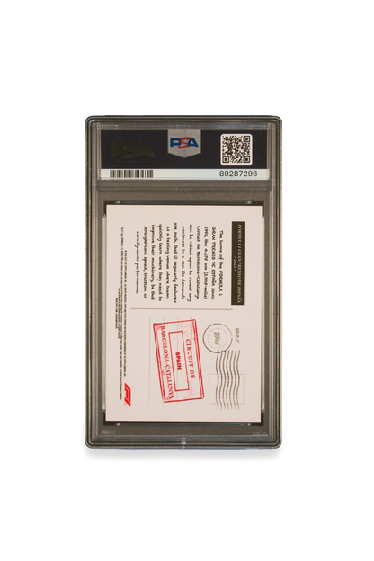 Back of 2022 Topps Chrome F1 Art du Grand Prix card for GP de España 2021 at Circuit de Barcelona-Catalunya, graded PSA 9