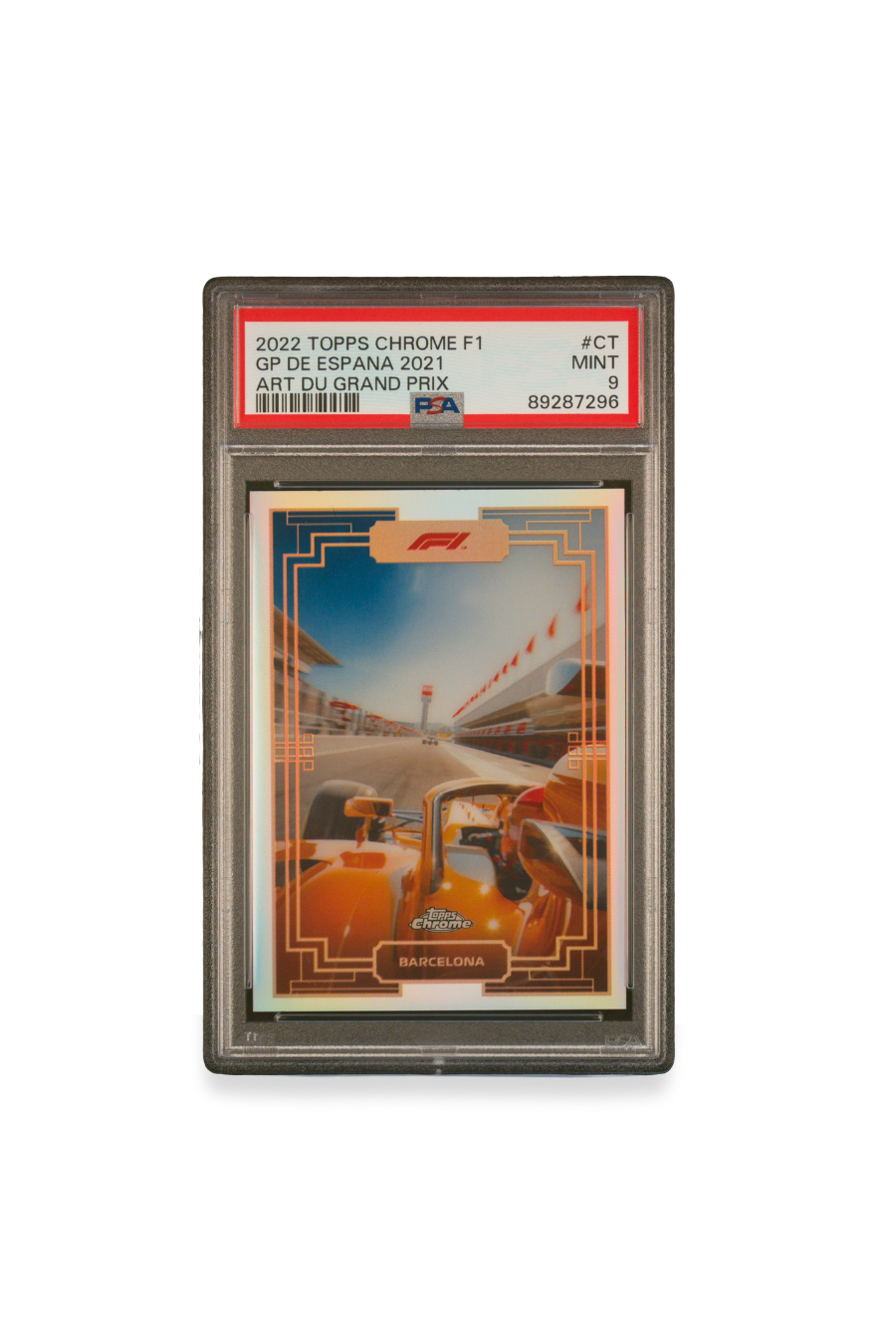 Front of 2022 Topps Chrome F1 Art du Grand Prix card for GP de España 2021 at Circuit de Barcelona-Catalunya, graded PSA 9