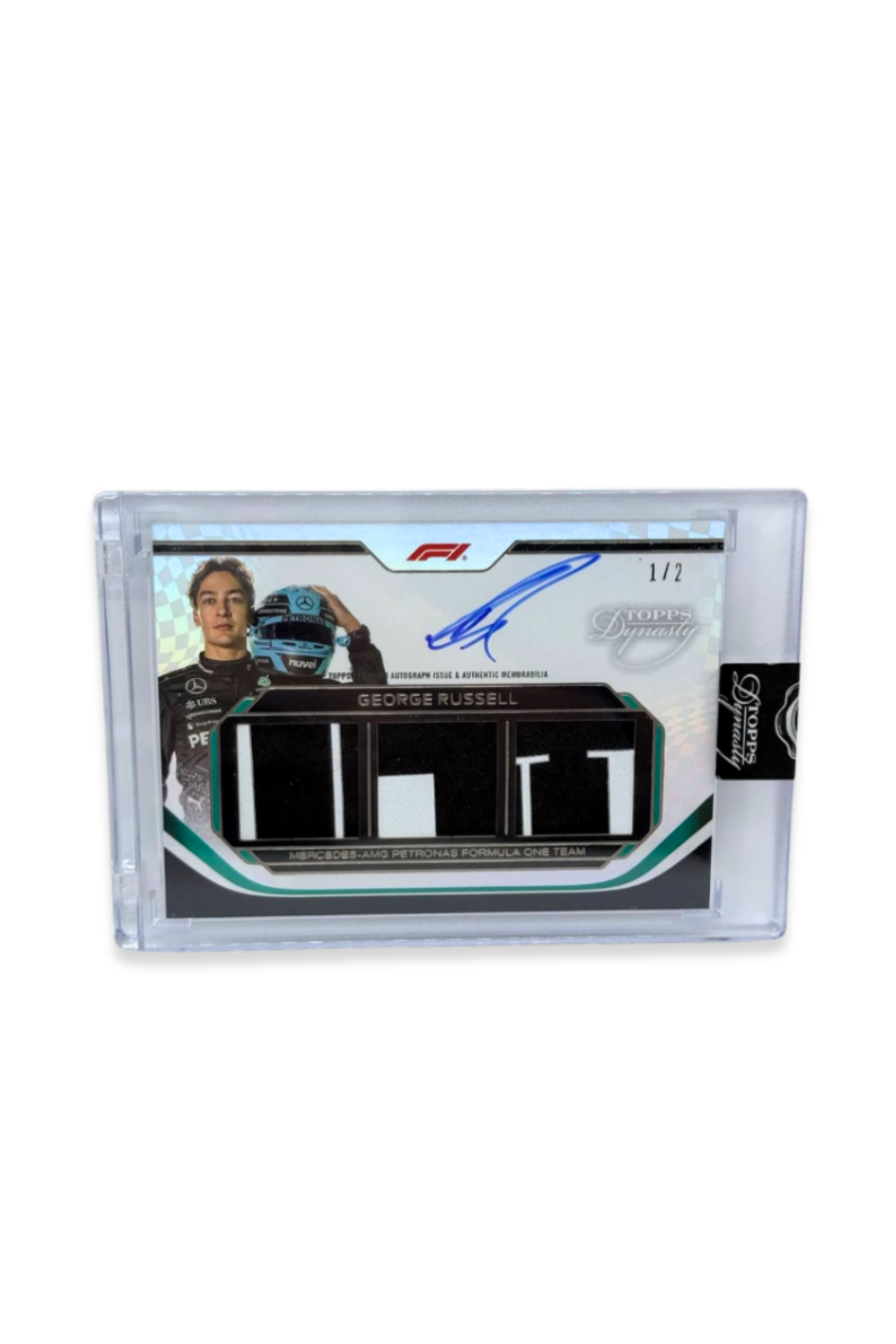 Front of 2024 Topps Dynasty Max Verstappen triple patch autograph card, serial numbered 1 of 2, showing two memorabilia patches and on-card autograph.