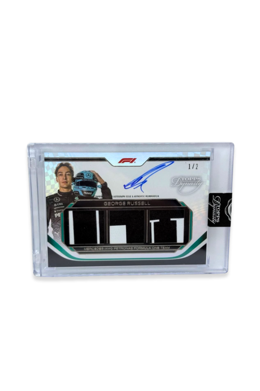 Front of 2024 Topps Dynasty Max Verstappen triple patch autograph card, serial numbered 1 of 2, showing two memorabilia patches and on-card autograph.