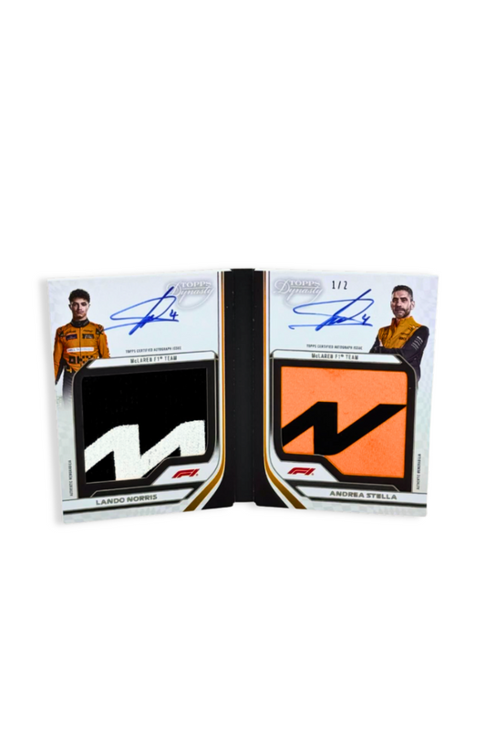 Front of 2024 Topps Dynasty Lando Norris & Andrea Stella dual patch autograph booklet card, serial numbered 1 of 2, showing black-and-white and orange memorabilia patches with on-card autographs.