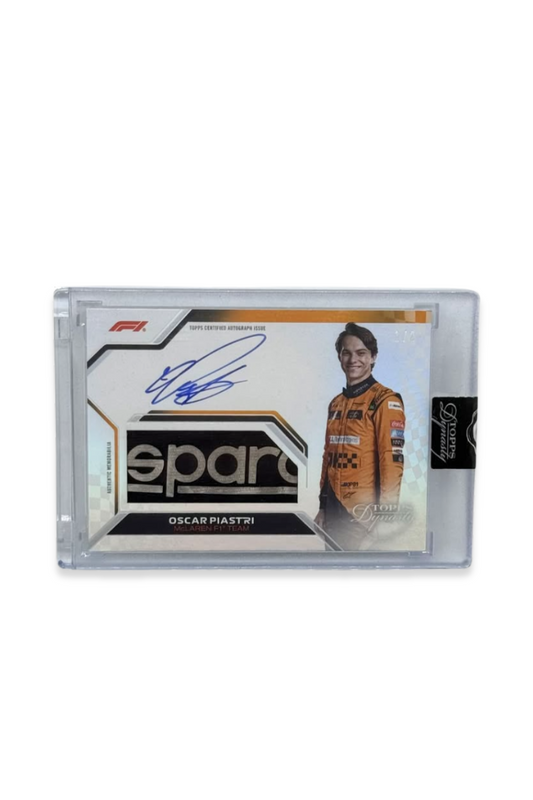 Front of 2024 Topps Dynasty Oscar Piastri patch autograph card, serial numbered 2 of 5, showing Sparco memorabilia logo patch and on-card autograph.