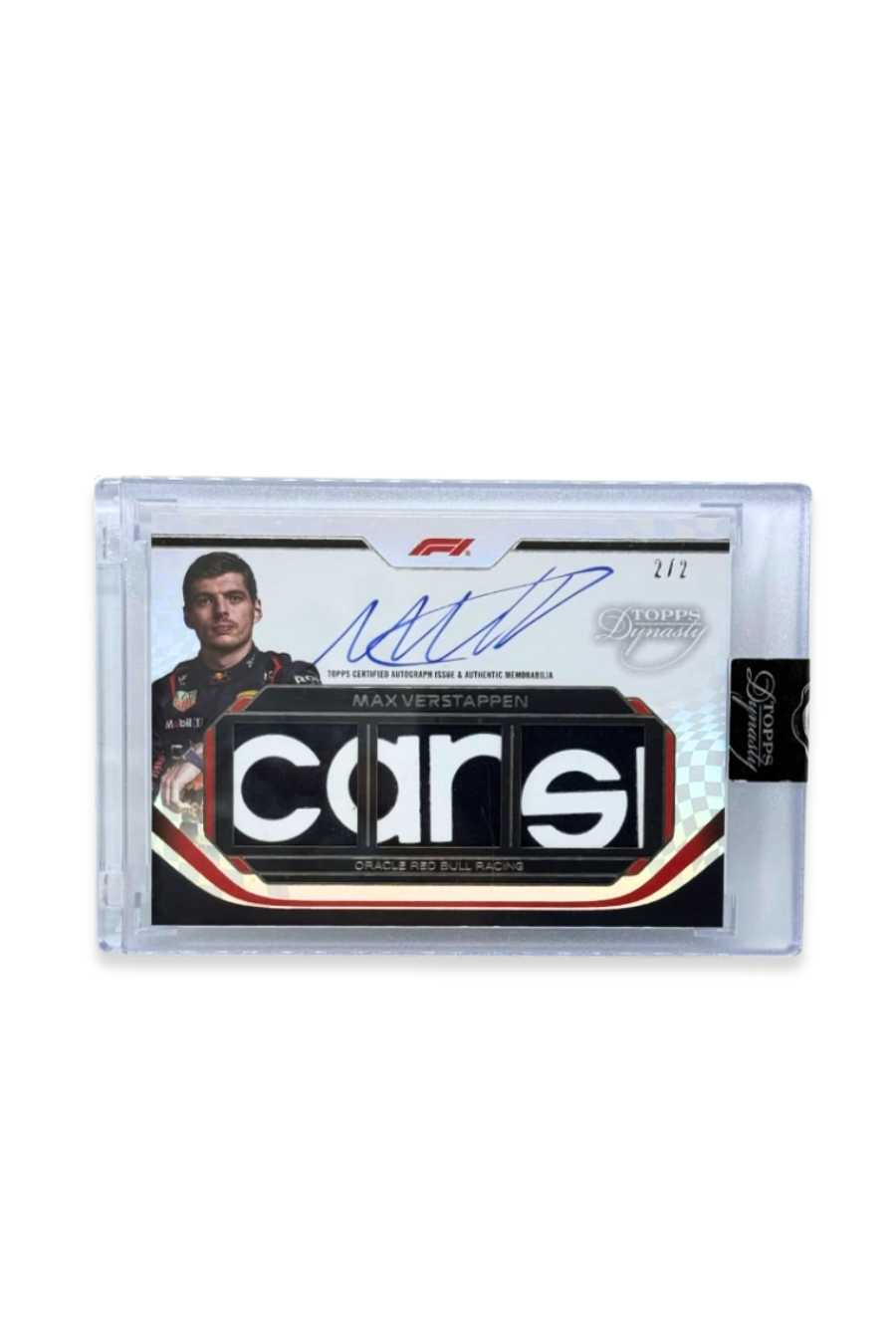 Front of 2024 Topps Dynasty Max Verstappen triple patch autograph card, serial numbered 2 of 2, showing memorabilia patch lettering “cars” with on-card autograph.
