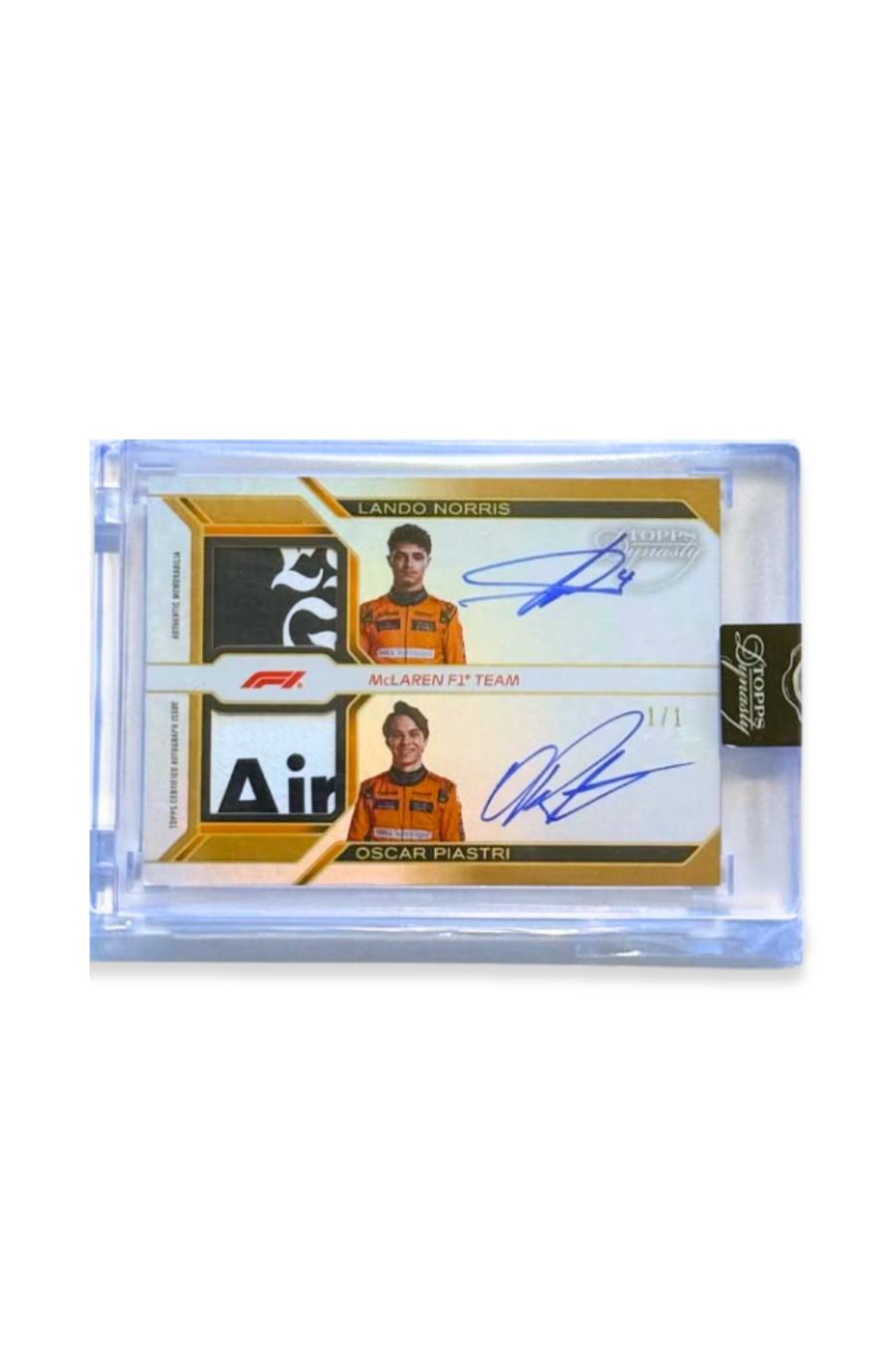 Front of 2024 Topps Dynasty dual patch autograph card featuring Lando Norris and Oscar Piastri, serial numbered 1 of 1, with two memorabilia patches and dual autos.