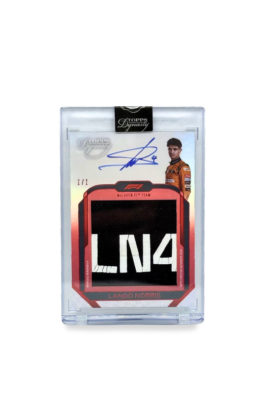 Front of 2024 Topps Dynasty Lando Norris patch autograph card, serial numbered 1 of 1, showing LN4 memorabilia logo patch and on-card autograph.