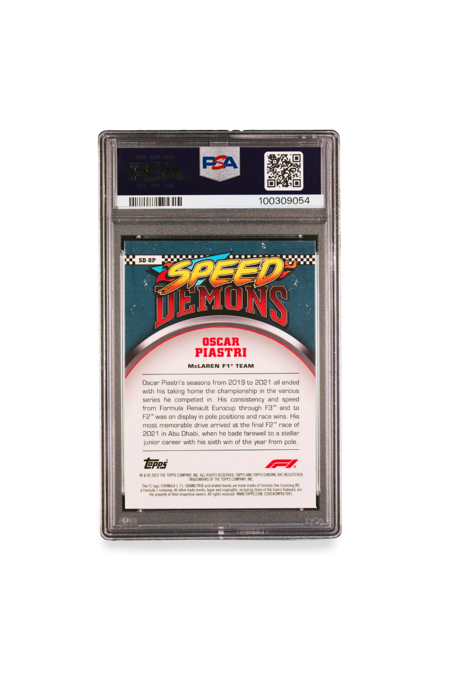 Back of 2023 Topps Chrome F1 Oscar Piastri Speed Demons rookie card - includes bio and achievements from junior F2 and F3 seasons
