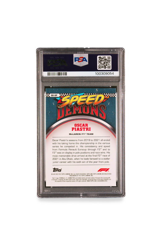 Back of 2023 Topps Chrome F1 Oscar Piastri Speed Demons rookie card - includes bio and achievements from junior F2 and F3 seasons