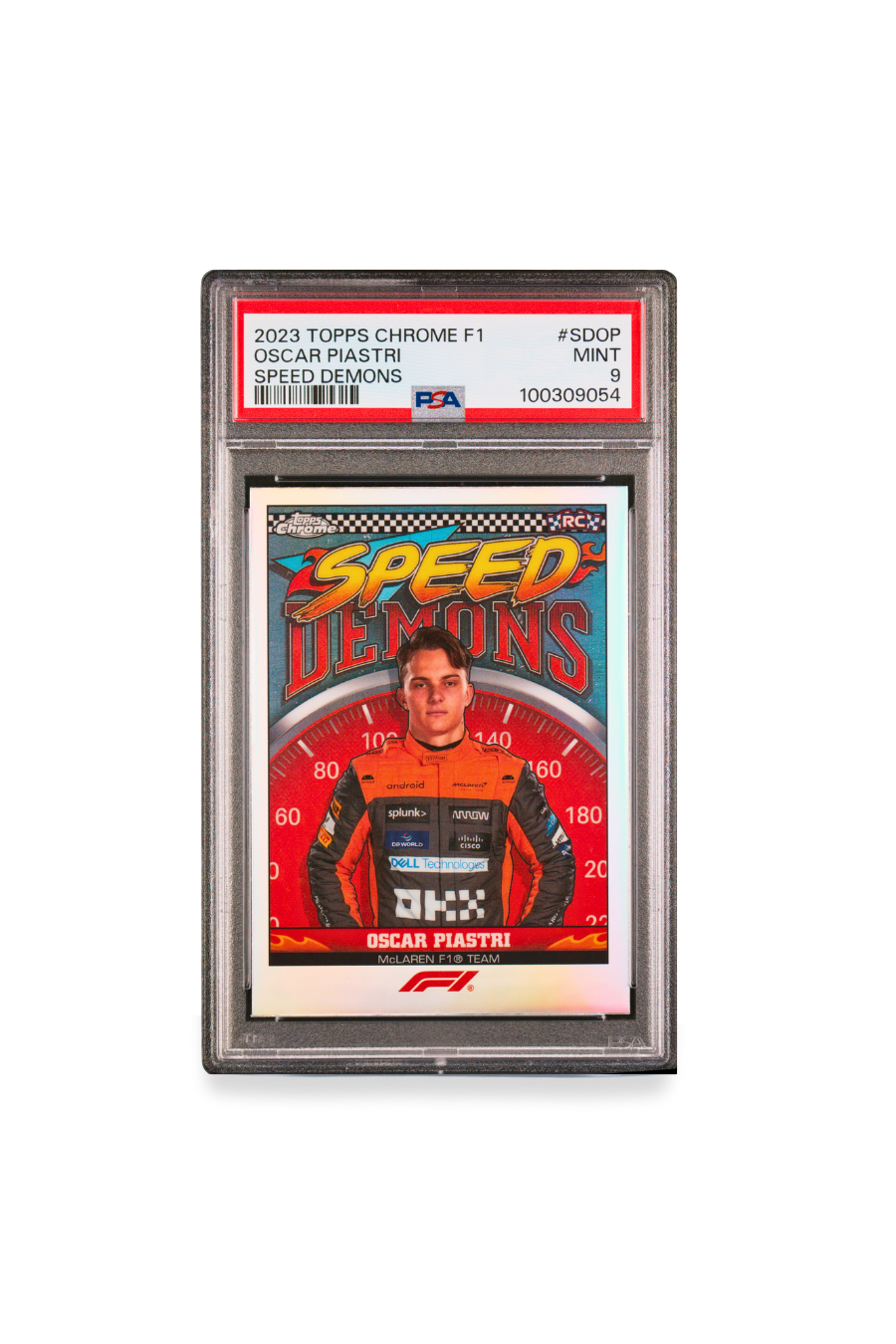2023 Topps Chrome F1 Oscar Piastri Speed Demons rookie card graded PSA 9 - front showing Piastri in orange McLaren suit with speedometer background