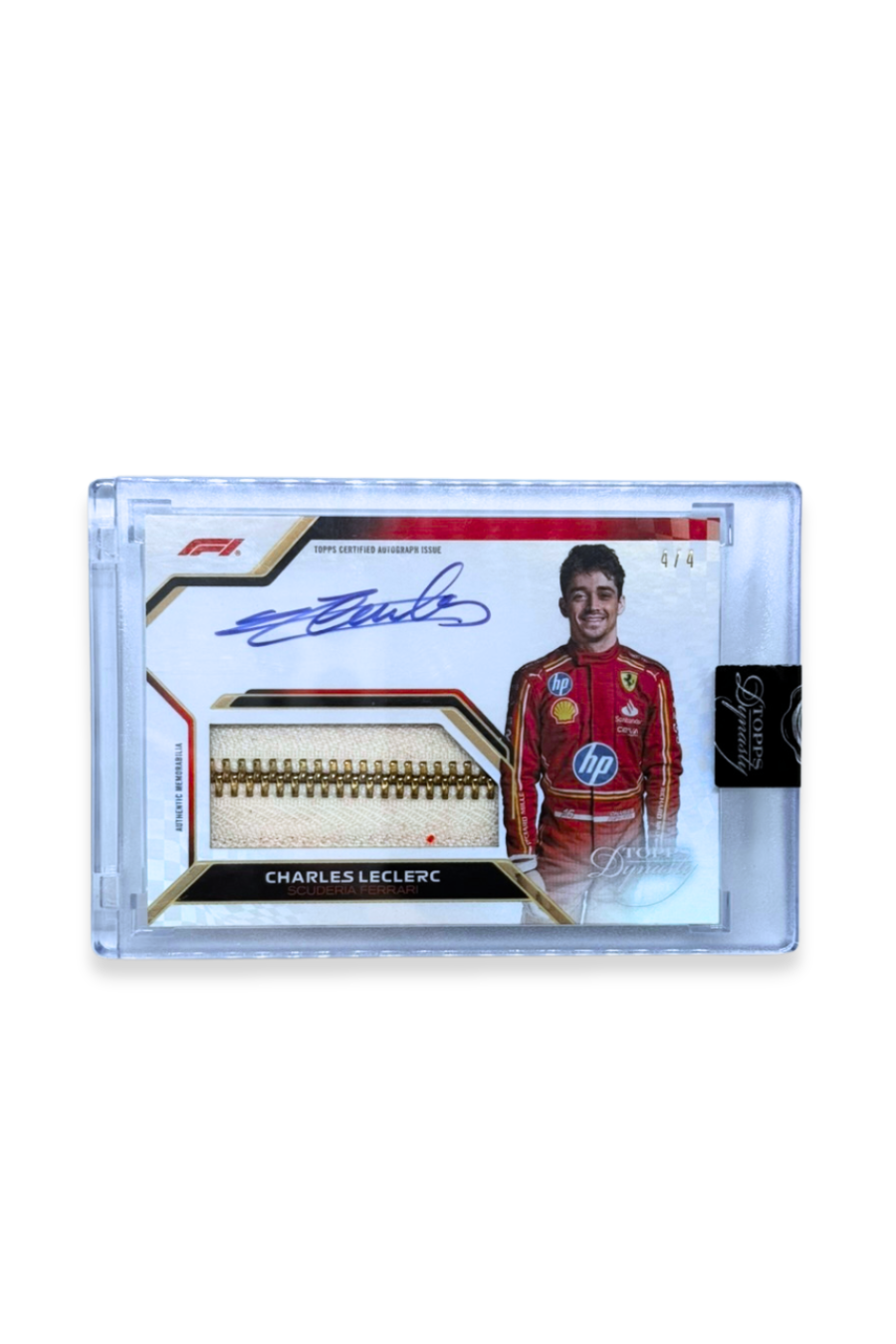 Front of 2024 Topps Dynasty Charles Leclerc patch autograph card, serial numbered 4 of 4, showing zipper memorabilia patch and on-card autograph.