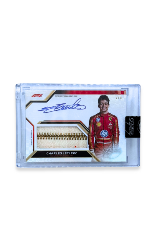 Front of 2024 Topps Dynasty Charles Leclerc patch autograph card, serial numbered 4 of 4, showing zipper memorabilia patch and on-card autograph.