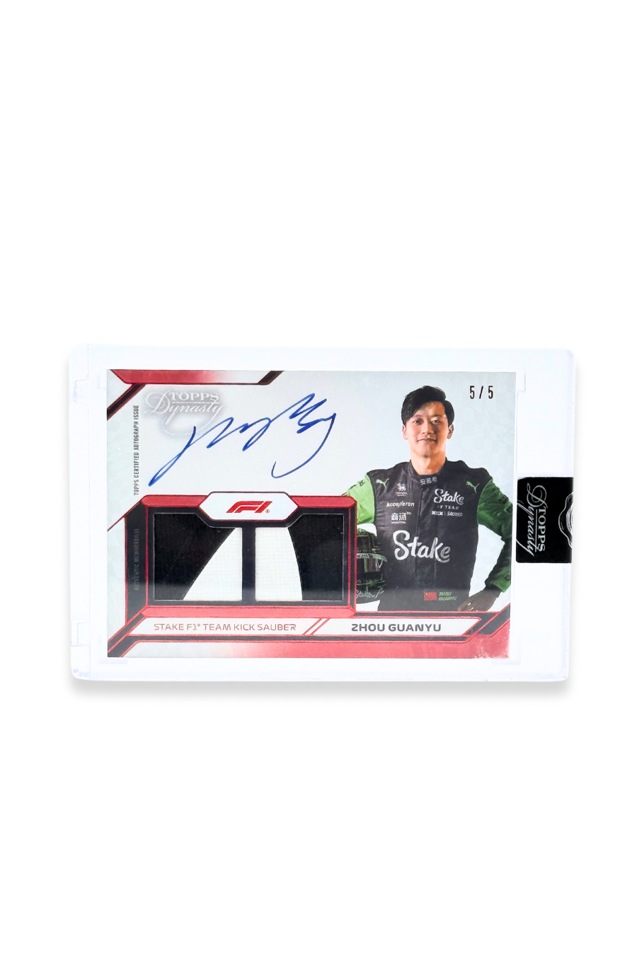 Shop this 2024 Topps Dynasty Zhou Guanyu Patch Auto #5/5 — featuring an on-card autograph and black and white Stake F1 Team Kick Sauber memorabilia patch. A standout piece for F1 collectors.