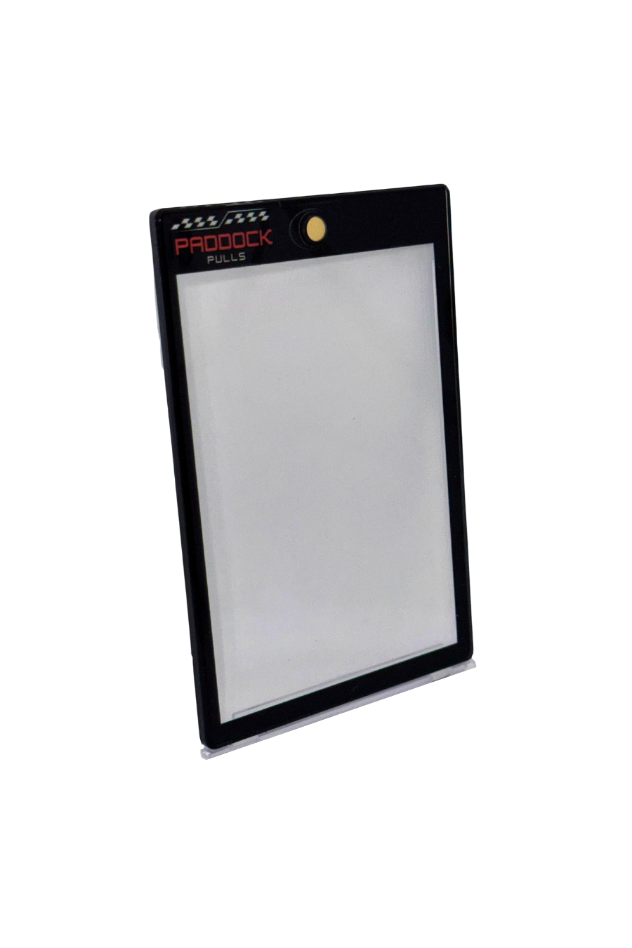 Front view of PaddockPulls branded black and gold magnetic card holder.