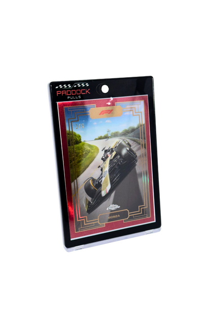 Front view of black gold magnetic card holder with F1 trading card securely inside.