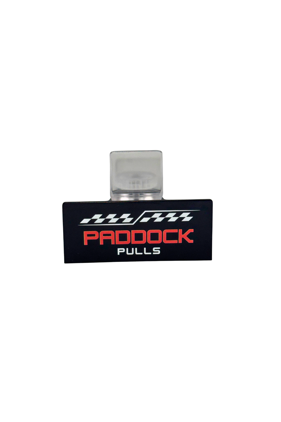 Front view of PaddockPulls adjustable black card stand with red logo.