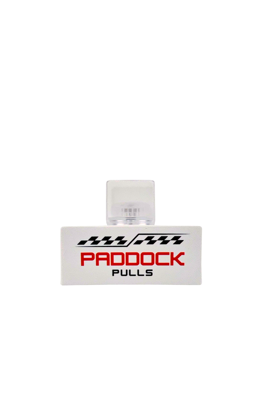 Front view of PaddockPulls adjustable white card stand with red logo.