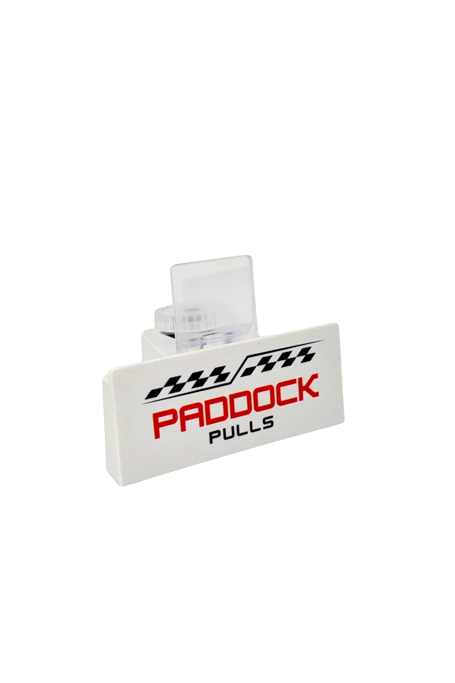 Side view of PaddockPulls white card stand with thumb screw and angled base.