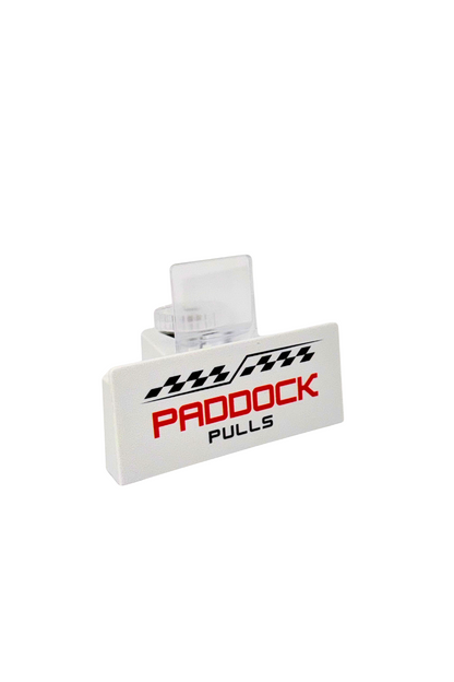 Side view of PaddockPulls white card stand with thumb screw and angled base.