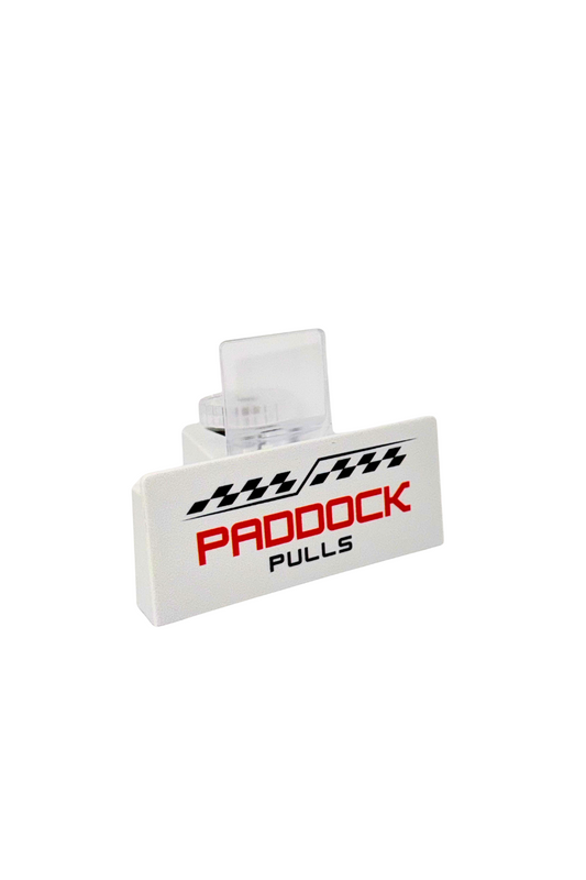 Side view of PaddockPulls white card stand with thumb screw and angled base.