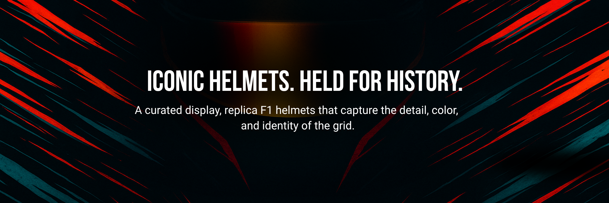 Hero image for PaddockPulls personal F1 helmet collection, featuring bold red and black racing graphics and text that reads “Iconic Helmets. Held for History.”