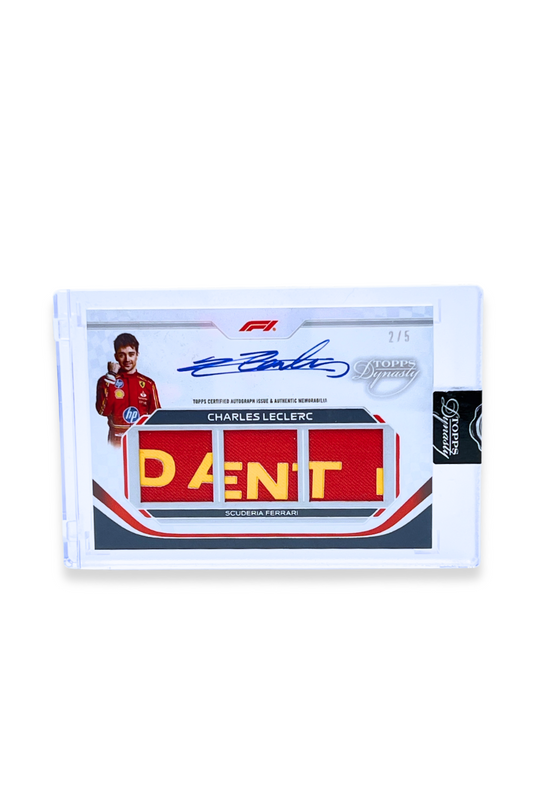 Front of 2023 Topps Dynasty Charles Leclerc Triple Patch Auto card, serial numbered #2/5, featuring DAENT lettering patch and blue autograph
