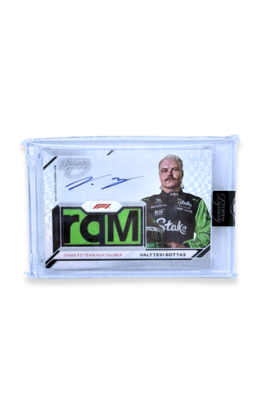 Front of 2024 Topps Dynasty Valtteri Bottas double patch autograph card, serial numbered 4 of 10, featuring neon green and black memorabilia patches.