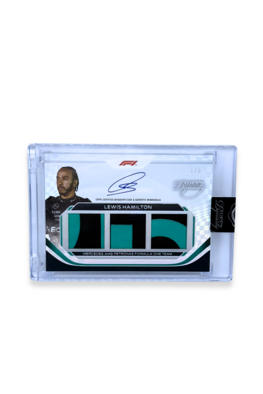 Front of 2024 Topps Dynasty Lewis Hamilton Triple Patch Auto card, serial numbered #1/5, with teal/black patch and autograph