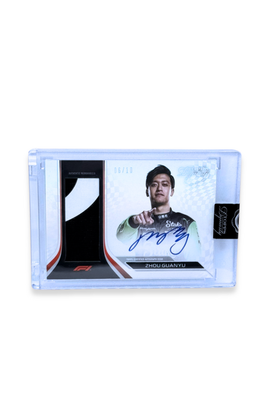 Front of 2024 Topps Dynasty Zhou Guanyu Patch Auto card, serial numbered #6/10, featuring a curved black-and-white patch and autograph