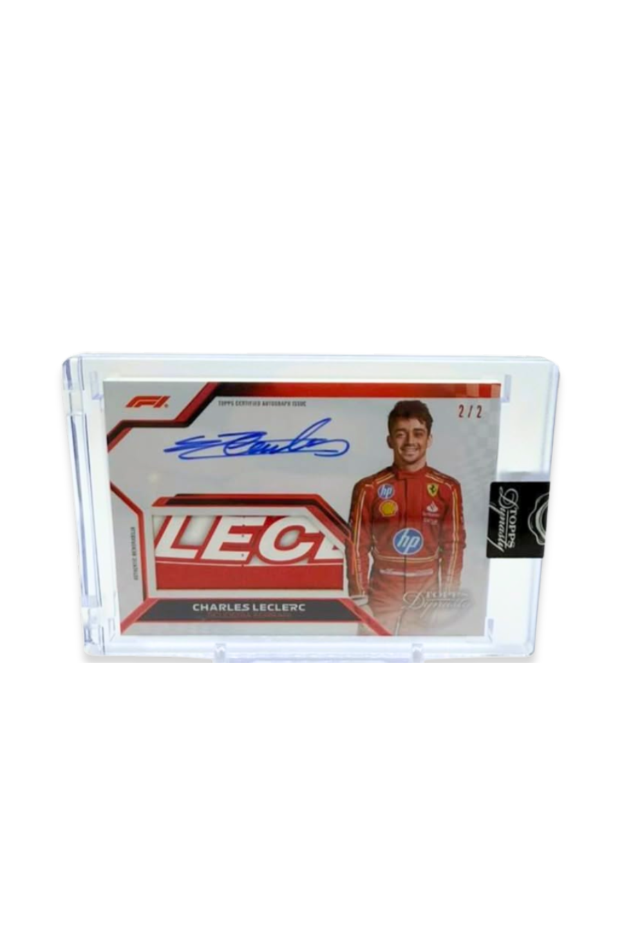Front of 2024 Topps Dynasty Charles Leclerc patch autograph card, serial numbered 2 of 2, with a red and white “LEC” patch from Ferrari.