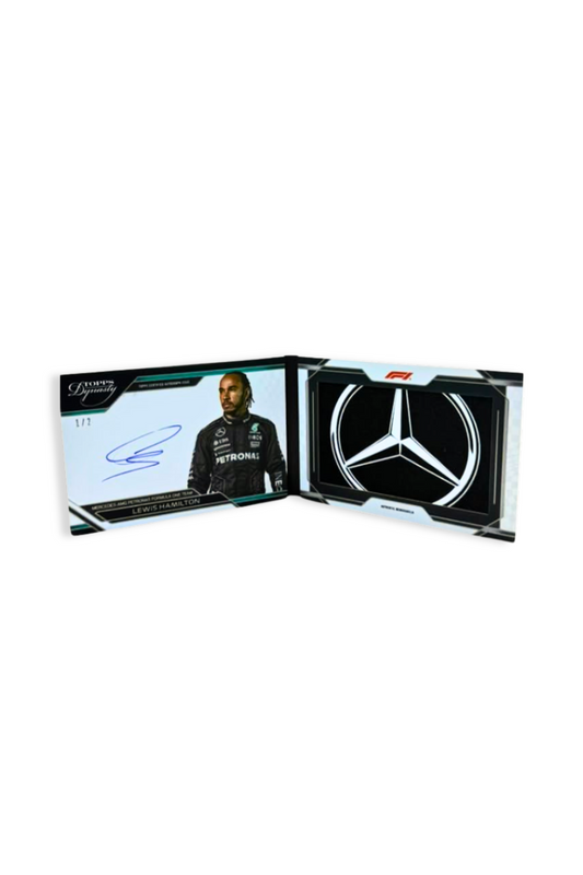 Front of 2024 Topps Dynasty Lewis Hamilton booklet patch autograph card, serial numbered 1 of 2, featuring an oversized silver Mercedes logo patch and on-card auto.