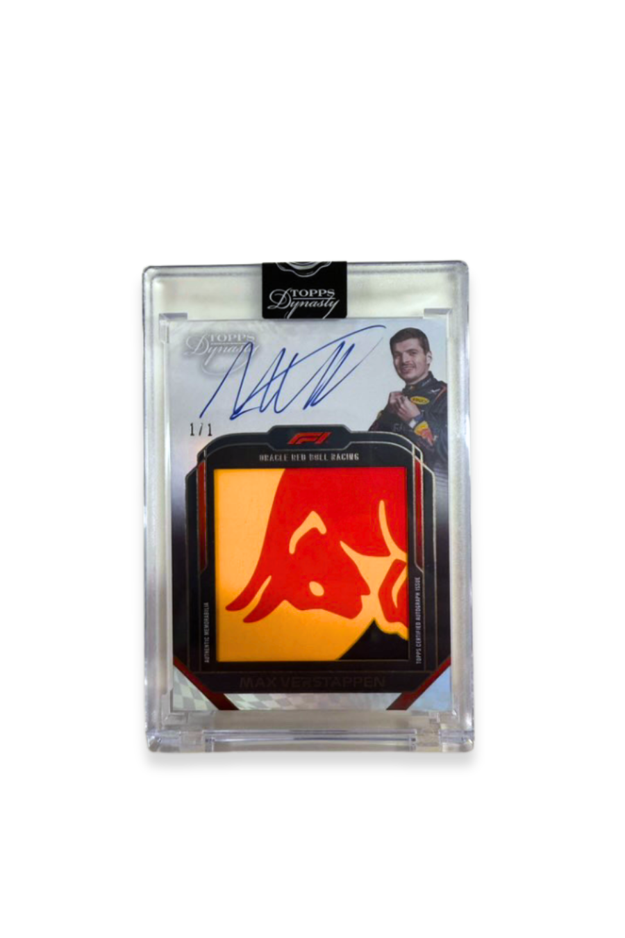 Front of 2024 Topps Dynasty Max Verstappen patch autograph card, serial numbered 1 of 1, featuring a bright yellow and red full Red Bull logo patch.