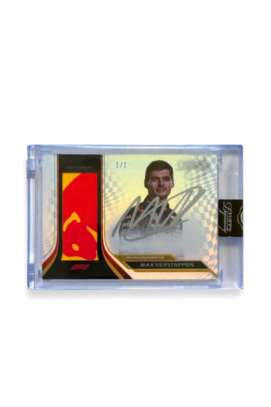 Front of 2024 Topps Dynasty Max Verstappen patch autograph card, serial numbered 1 of 1, featuring a vertical Red Bull logo patch and silver ink signature.